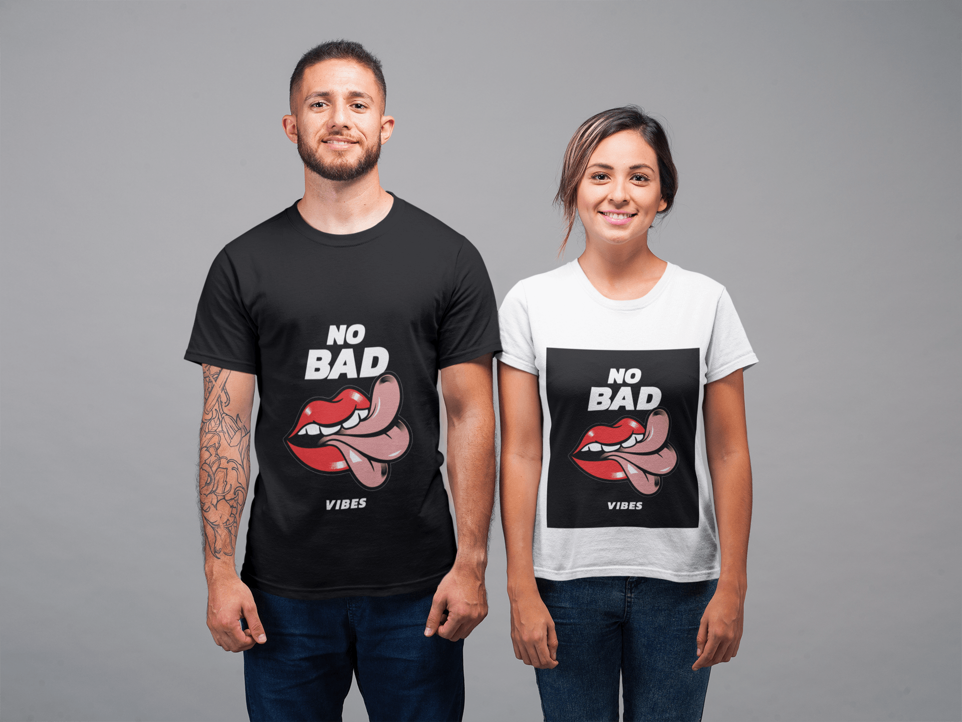 mockup of a man and a woman wearing t shirts and smiling in a studio 22345